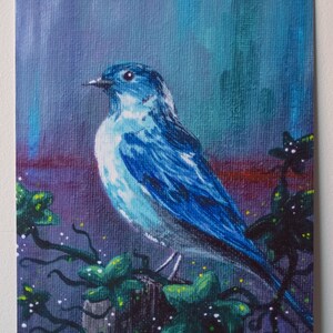 Bluebird just before dawn. Bird archival print. Acrylic painting print. Wall decor