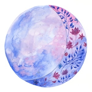 Stampa luna in fiore. Stampa floreale ad acquerello. Luna rosa, blu, viola. Stelle d&#39;argento ricamate a mano. Stampa d&#39;archivio. Luna magica con fiori