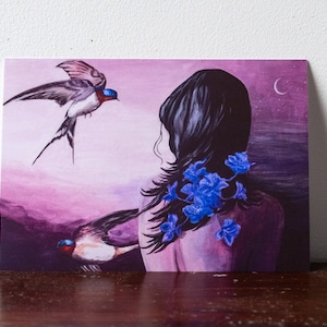 Lady with swallows print. Birdart. Acrylic painting print. Flying swallows. Blue flowers. Poetic and magical print. Archival print on 280gsm