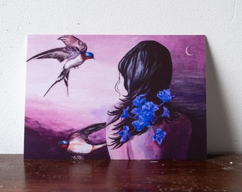 Lady with swallows print. Birdart. Acrylic painting print. Flying swallows. Blue flowers. Poetic and magical print. Archival print on 280gsm
