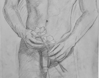 Original Graphite Drawing: Figure drawing. 9x12 “Flowers”