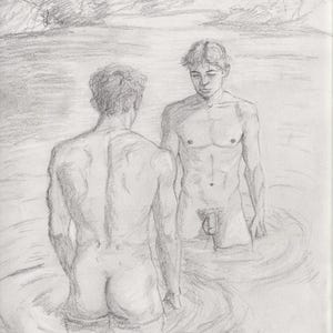 Original Graphite Drawing: Two Figures in Water, 9x12 “Quiet Revelations”
