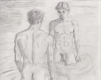 Original Graphite Drawing: Two Figures in Water, 9x12 “Quiet Revelations”