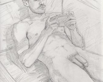 Original Graphite Drawing: Figure Playing A Videogame. 9x12 “Gamer”