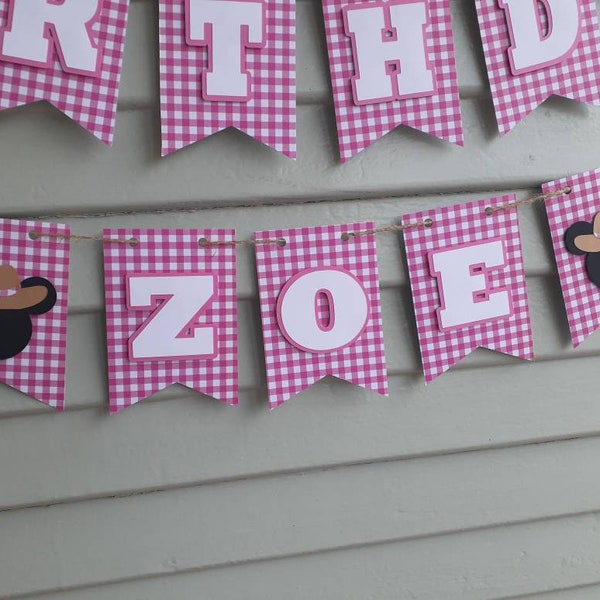 PINK Farmer Minnie Birthday Banner-Down on the Farm - Western Minnie-Cowgirl Minnie Banner-BBQ Picnic Banner- I am 1 Banner