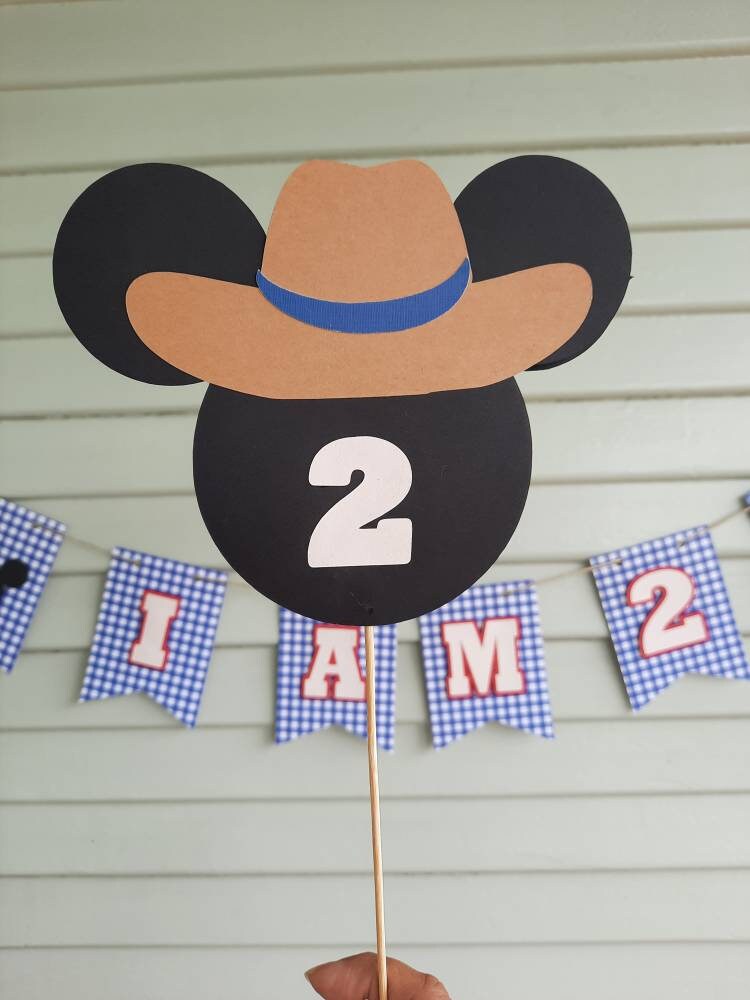 Blue Farmer Mickey Party Down on the Farm Centerpiece sticksMickey CenterpieceBarnyard PartyMickey Farm PartyCowboyBBQPicnic