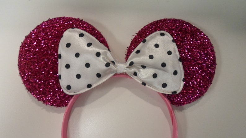 Orejas Rosa de Minnie Mouse con moño rosa y bolitas blancas - Etsy España