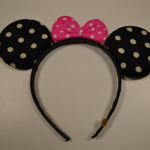 Black Polka Dot Minnie Mouse Ears Headband with Pink Poka Dot Bow, Classic Disney Headband