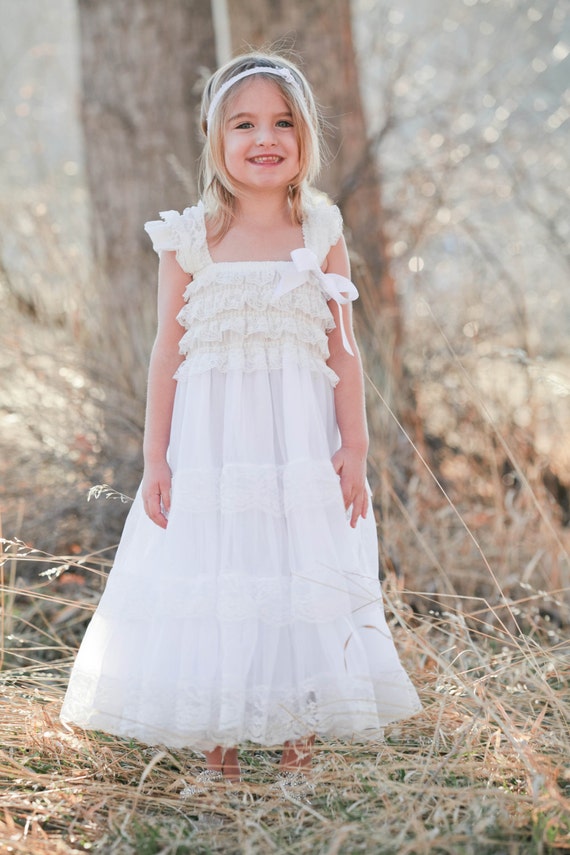 Items similar to Flower Girl Dress- White Lace Three Tier First ...