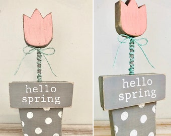 Hello Spring wood flower pot, tiered tray decor, spring decor, wood tulip, wood plant I love you