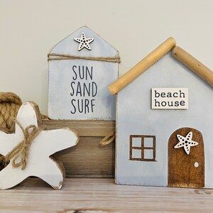 Beach house village, sun sand surf, starfish, wood signs, nautical tiered tray, beach wood signs