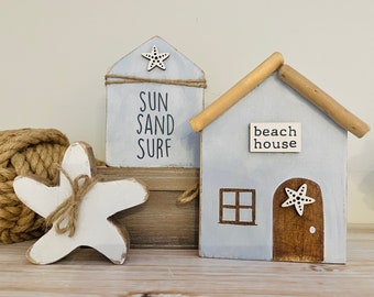 Beach house village, sun sand surf, starfish, wood signs, nautical tiered tray, beach wood signs