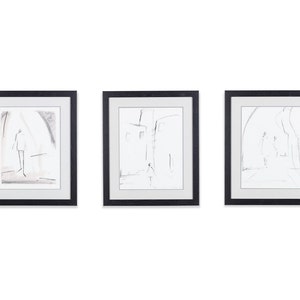 May include: A triptych of framed art prints, each displaying a minimalist line drawing of figures in architectural settings. The black frames and white mounts enhance the monochrome drawings. The artworks are in shades of grey and black.