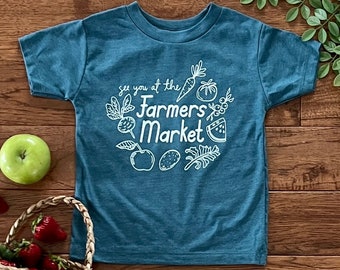 See You at the Farmers Market, Toddler Tee, Heather Deep Teal, White Ink, Screen Print Tshirt, Printed By Hand