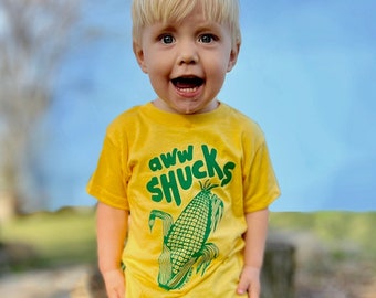 Aww Shucks, Toddler Tee, Heather Yellow Gold, Green Ink, Screen Print Tshirt, Printed By Hand