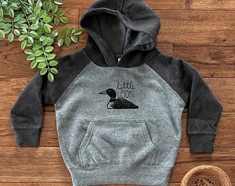 Little Loon Toddler Hoodie, Raglan Sleeve, Grey and Charcoal, Screen Print, Sustainable Style, Limited Edition, Loon Shirt, Loon Graphic
