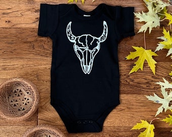 Skull Baby Bodysuit, Buffalo Skull, Bull Skull, Black and White, Screen printed shirt, silk screen tee, gender neutral, baby boy or girl