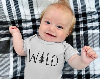 WILD baby bodysuit, Light Grey, Wild Child, wild baby, born to be wild, wild and free, wild tree, forest baby, stay wild, wild baby shower