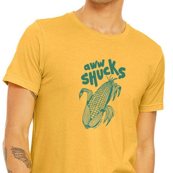 Aww Shucks Adult Tee, Adult Unisex Fit, Heather Yellow Gold, Green Ink, Screen Print Tshirt, Printed By Hand, Corny Shirt, Corn Shirt, Shuck