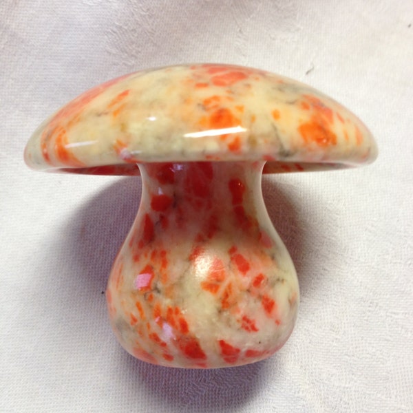 Genuine Alabaster hand carved in ITALY orange mushroom paperweight
