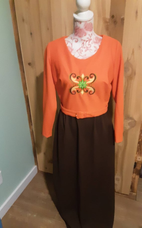 Mod Maxi Dress Orange/Brown with Belt Embroidery F