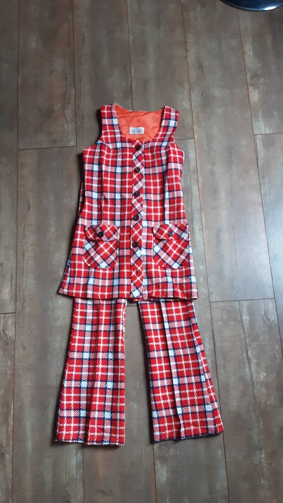 Vintage Mod Red Plaid Pants Suit by Russ Girl /Mo… - image 1