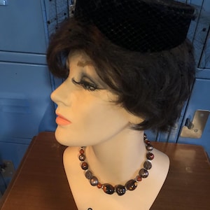 Vintage Ladies Open Pillbox  Black Velvet Hat with Veil