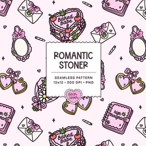 Può includere: Un motivo continuo su sfondo rosa chiaro con illustrazioni di torte a forma di cuore con il testo Baked Babe, quaderni rosa con il testo high thoughts, buste con fiocchi, specchi, bouquet e medaglioni, con una casella di testo centrale.