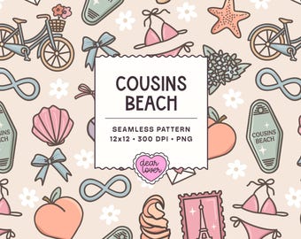 Summer I Turned Pretty Cousins Beach Seamless Pattern | Coastal Pastel Beach Digital Paper | PNG Instant Download