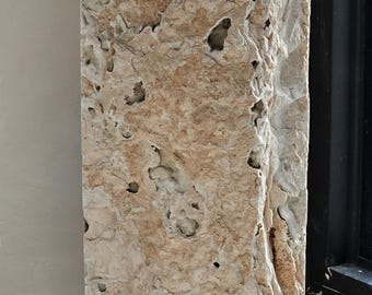 May include: A rectangular, light brown, natural stone pedestal with a rough, textured surface. The stone has a variety of holes and crevices throughout.
