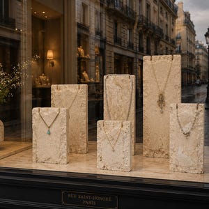 May include: A collection of five necklaces displayed on rectangular, rough-textured beige stone stands. The necklaces feature various metal chains and pendants, including one with a blue stone. A small plaque reads RUE SAINT-HONORE PARIS.