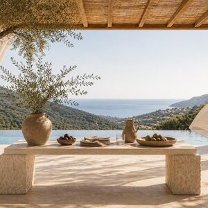 Travertine Dining Table - Chiseled Natural Solid Stone - Banquet Table