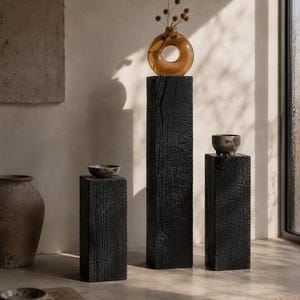 May include: Three tall, rectangular, black charred wood pedestals of varying heights. The tallest pedestal holds a round, amber-colored glass vase with a central hole containing dried stems. The shorter pedestals each support a small, textured gray bowl.