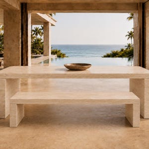 May include: A rectangular beige stone dining table with a matching bench positioned in front. The table features a smooth, flat surface with a subtle natural grain pattern and thick, block-style legs. A shallow, dark brown circular bowl sits centered.