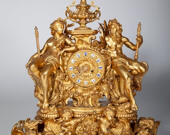 Spectacular french gilt bronze clock roccoco style signed Thomire and cie, Paris circa 1850