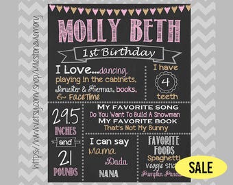 First Birthday Chalkboard, Chalkboard Birthday Sign, Personalized Poster, Pink & Gold, Birthday Chalkboard Sign