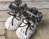 Suede Ties Crochet Baby Booties with Faux Fur Trim, Slippers, Toddler Booties, Boots Socks, Photo Prop, Custom (newborn-toddler)
