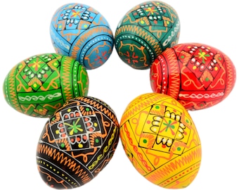 6 Easter Painted Eggs Wooden Ukrainian Pysanky (Pysanka). Polish Pisanki. Czech Kraslice