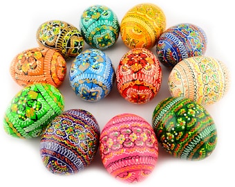 12 Easter Painted Eggs Wooden Ukrainian Pysanky (Pysanka). Polish Pisanki. Czech Kraslice.