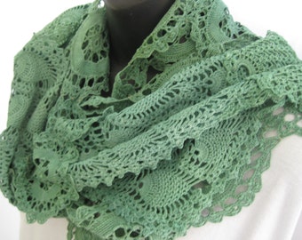 Green lace shawl, hand dyed vintage lace scarf, romantic boho lace, one of a kind crochet scarf, repurposed vintage doilies, lace wrap