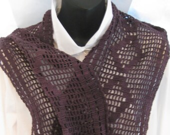 Purple brown vintage lace crochet scarf, hand dyed lace scarf, repurposed lace scarf, romantic feminine scarf, trendy lace long scarf