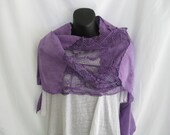 Vintage lace embellished summer wrap, purple repurposed linen hand dyed scarf, hand dyed purple feminine romantic shawl, magnolia pearl