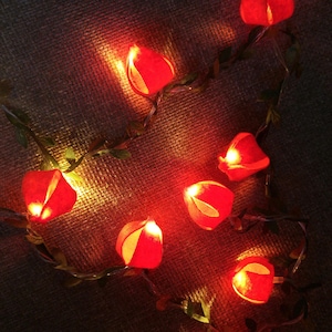 Puede incluir: Cadena de farolillos de papel rojo con luces blancas cálidas, enhebrados en un alambre con hojas verdes. Los farolillos tienen forma de flores y están encendidos, creando un ambiente cálido y festivo.