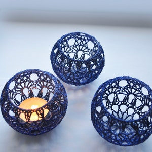 5 Wedding Candle Holders Votive Holders Crochet Table Centerpiece Set of 5, Wedding Lighting, Navy blueTable Decor, Party Wedding Decoration image 2