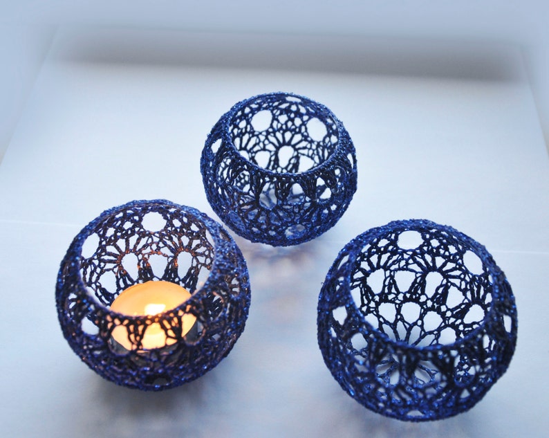 5 Wedding Candle Holders Votive Holders Crochet Table Centerpiece Set of 5, Wedding Lighting, Navy blueTable Decor, Party Wedding Decoration image 2