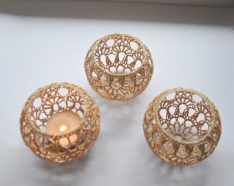 5 Crochet Candle Holders Wedding Table Centerpiece Set of 5, Wedding Lighting, Gold Table Decor, Party Wedding Decoration