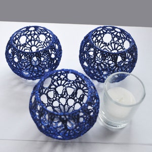 5 Wedding Candle Holders Votive Holders Crochet Table Centerpiece Set of 5, Wedding Lighting, Navy blueTable Decor, Party Wedding Decoration image 4