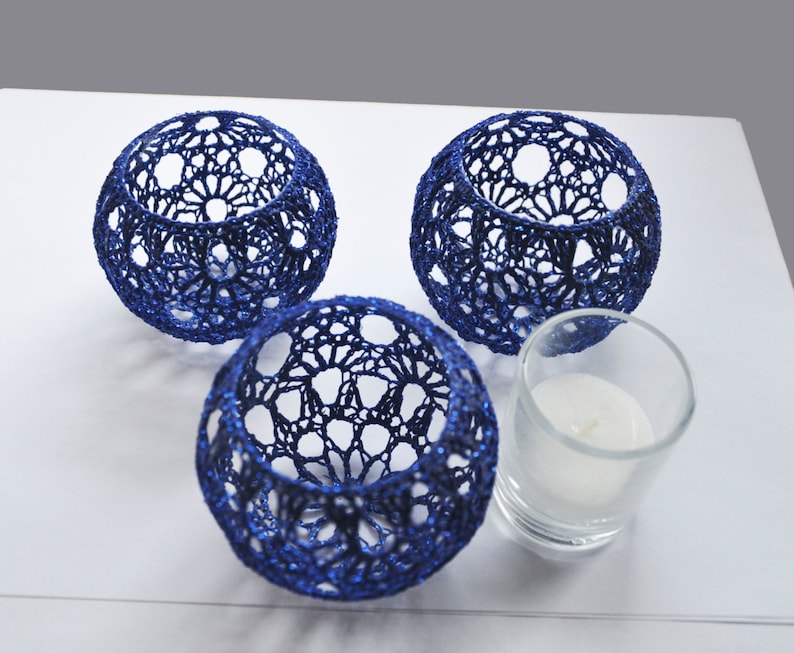 5 Wedding Candle Holders Votive Holders Crochet Table Centerpiece Set of 5, Wedding Lighting, Navy blueTable Decor, Party Wedding Decoration image 4