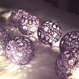 String Lights,Fairy Lights Wedding LED Lights, Party Lighting, Bedroom Decor lamps, 20 Purple Lace Crocheted balls, garland light