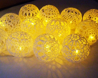 Fairy Lights, String LED Lights, Christmas Holiday Lights, Wedding Lighting, Bedroom lamps,  20 Lace Crocheted balls, garland light